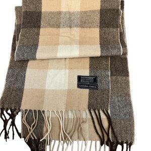 LOCHMERE 100% cashmere cream brown & tan checked Scottish plaid winter scarf